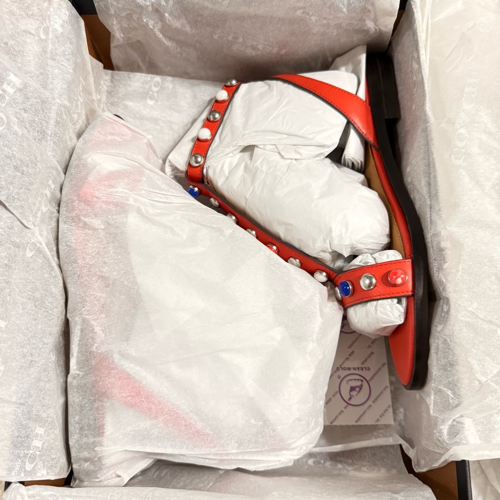 Coach Sadie Semi Matte Calf Sandal Deep Coral Colorful Studs Size 6.5M - Picture 7 of 10